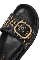 Women's Black Buckled Straw Leather Slippers | Derimod Women's Black Buckled Straw Leather Slippers | Derimod