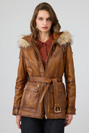 Donatella Women's Camel Belted Hooded Leather Coat | Derimod Donatella Women's Camel Belted Hooded Leather Coat | Derimod