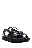 Women's Black Thick Soled Knitted Detailed Leather Bodrum Sandals | Derimod Women's Black Thick Soled Knitted Detailed Leather Bodrum Sandals | Derimod