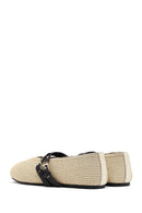 Women's Beige Double Buckled Straw Leather Ballerinas | Derimod Women's Beige Double Buckled Straw Leather Ballerinas | Derimod