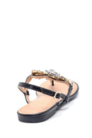 Women's Black Stone Flat Sandals | Derimod Women's Black Stone Flat Sandals | Derimod
