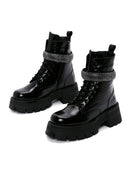 Women's Black Leather Stone Thick Soled Boots | Derimod Women's Black Leather Stone Thick Soled Boots | Derimod