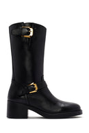 Women's Black Zippered Buckle Detailed Leather Boots | Derimod Women's Black Zippered Buckle Detailed Leather Boots | Derimod