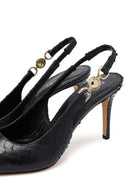 Woman Black Buckled Open Back Patterned Thin Heel Leather Shoe | Derimod Woman Black Buckled Open Back Patterned Thin Heel Leather Shoe | Derimod