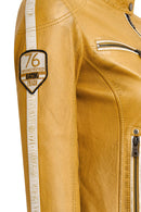 Champs Women's Yellow Embroidered Short Leather Jacket | Derimod Champs Women's Yellow Embroidered Short Leather Jacket | Derimod