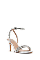 Women's Silver Ankle Buckle Stoned Thin Heel Sandals | Derimod Women's Silver Ankle Buckle Stoned Thin Heel Sandals | Derimod