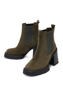 Women's Khaki Suede Leather Heeled Chelsea Boots | Derimod Women's Khaki Suede Leather Heeled Chelsea Boots | Derimod