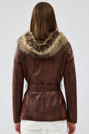 Rebecca Women's Brown Hooded Furry Leather Jacket | Derimod Rebecca Women's Brown Hooded Furry Leather Jacket | Derimod