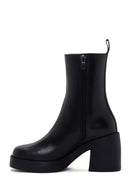 Women's Black Thick Heeled Zippered Leather Boots | Derimod Women's Black Thick Heeled Zippered Leather Boots | Derimod