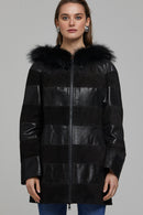 Dalia Women's Black Hooded Leather Coat | Derimod Dalia Women's Black Hooded Leather Coat | Derimod