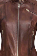 Kylie Women's Brown Mandarin Collar Leather Jacket | Derimod Kylie Women's Brown Mandarin Collar Leather Jacket | Derimod
