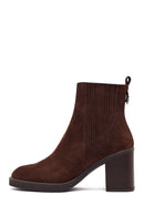Woman Brown Chunky Heel Suede Leather Boat | Derimod Woman Brown Chunky Heel Suede Leather Boat | Derimod