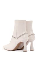 Women's Beige Leather Zippered Chain Heeled Classic Boots | Derimod Women's Beige Leather Zippered Chain Heeled Classic Boots | Derimod