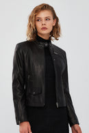 Madison Women's Black Short Leather Jacket | Derimod Madison Women's Black Short Leather Jacket | Derimod
