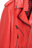 Newage Women's Red Slim-Fit Biker Leather Jacket | Derimod Newage Women's Red Slim-Fit Biker Leather Jacket | Derimod