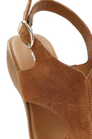 Women's Tan Suede Leather Wedge Heeled Sandals with Ankle Buckle | Derimod Women's Tan Suede Leather Wedge Heeled Sandals with Ankle Buckle | Derimod