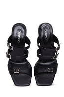 Women's Black Leather Heeled Slippers | Derimod Women's Black Leather Heeled Slippers | Derimod