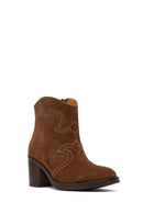Woman Tan Suede Chunky Heel Leather Cowboy Boots | Derimod Woman Tan Suede Chunky Heel Leather Cowboy Boots | Derimod