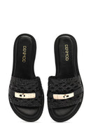 Women's Black Knit Leather Slippers | Derimod Women's Black Knit Leather Slippers | Derimod
