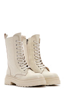 Women's Cream Zippered Leather Combat Boots | Derimod Women's Cream Zippered Leather Combat Boots | Derimod
