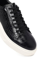 Men's Black Croco Lace-up Leather Sneaker | Derimod Men's Black Croco Lace-up Leather Sneaker | Derimod