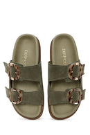 Women's Green Double Buckled Suede Leather Slippers | Derimod Women's Green Double Buckled Suede Leather Slippers | Derimod