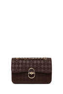 Woman Brown Printed Crossbody Bag with Chain Strap | Derimod Woman Brown Printed Crossbody Bag with Chain Strap | Derimod