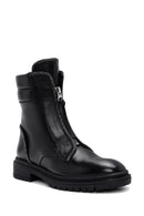 Women's Black Zippered Stoned Leather Combat Boots | Derimod Women's Black Zippered Stoned Leather Combat Boots | Derimod