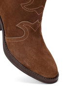 Woman Tan Suede Chunky Heel Leather Cowboy Boots | Derimod Woman Tan Suede Chunky Heel Leather Cowboy Boots | Derimod