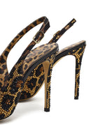Women's Leopard Patterned Jeweled Open Back High Thin Heel Leather Shoe | Derimod Women's Leopard Patterned Jeweled Open Back High Thin Heel Leather Shoe | Derimod