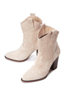 Women's Beige Suede Leather Cowboy Heeled Boots | Derimod Women's Beige Suede Leather Cowboy Heeled Boots | Derimod