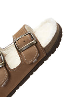 Women's Mink Double Buckled Leather Slippers | Derimod Women's Mink Double Buckled Leather Slippers | Derimod