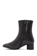 Women's Black Zippered Short Thick Heeled Leather Boots | Derimod Women's Black Zippered Short Thick Heeled Leather Boots | Derimod