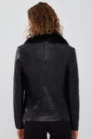Vivien Women's Black Fur Collar Leather Jacket | Derimod Vivien Women's Black Fur Collar Leather Jacket | Derimod