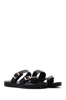 Women's Black Double Buckled Patterned Slippers | Derimod Women's Black Double Buckled Patterned Slippers | Derimod