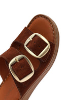 Woman Tan Buckled Suede Leather Comfort Slippers | Derimod Woman Tan Buckled Suede Leather Comfort Slippers | Derimod
