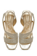 Women's Gold Wedge Heeled Knitted Espadrille Sandals | Derimod Women's Gold Wedge Heeled Knitted Espadrille Sandals | Derimod