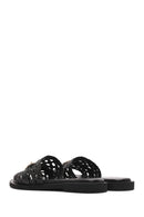 Women's Black Knit Leather Slippers | Derimod Women's Black Knit Leather Slippers | Derimod