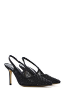 Women's Black Stoned Open Back Thin Heeled Leather Shoes | Derimod Women's Black Stoned Open Back Thin Heeled Leather Shoes | Derimod
