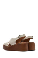 Women's Cream Ankle Strap Printed Wedge Heel Leather Comfort Sandals | Derimod Women's Cream Ankle Strap Printed Wedge Heel Leather Comfort Sandals | Derimod