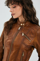 Kylie Women's Camel Short Leather Jacket | Derimod Kylie Women's Camel Short Leather Jacket | Derimod