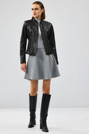 Linda Women's Black Short Leather Jacket | Derimod Linda Women's Black Short Leather Jacket | Derimod