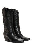 Women's Black Thick Heeled Leather Cowboy Boots | Derimod Women's Black Thick Heeled Leather Cowboy Boots | Derimod