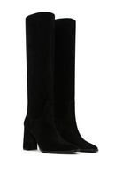 Women's Black Suede Leather Heeled Boots | Derimod Women's Black Suede Leather Heeled Boots | Derimod