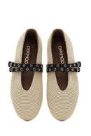 Women's Beige Double Buckled Straw Leather Ballerinas | Derimod Women's Beige Double Buckled Straw Leather Ballerinas | Derimod