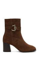 Women's Tan Zippered Thick Heeled Suede Leather Boot | Derimod Women's Tan Zippered Thick Heeled Suede Leather Boot | Derimod