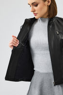 Linda Women's Black Short Leather Jacket | Derimod Linda Women's Black Short Leather Jacket | Derimod