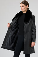 Christina Women's Black Fur Long Leather Coat | Derimod Christina Women's Black Fur Long Leather Coat | Derimod