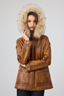 Donatella Women's Camel Belted Hooded Leather Coat | Derimod Donatella Women's Camel Belted Hooded Leather Coat | Derimod