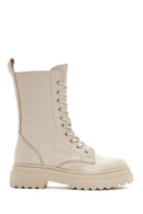 Women's Cream Zippered Leather Combat Boots | Derimod Women's Cream Zippered Leather Combat Boots | Derimod